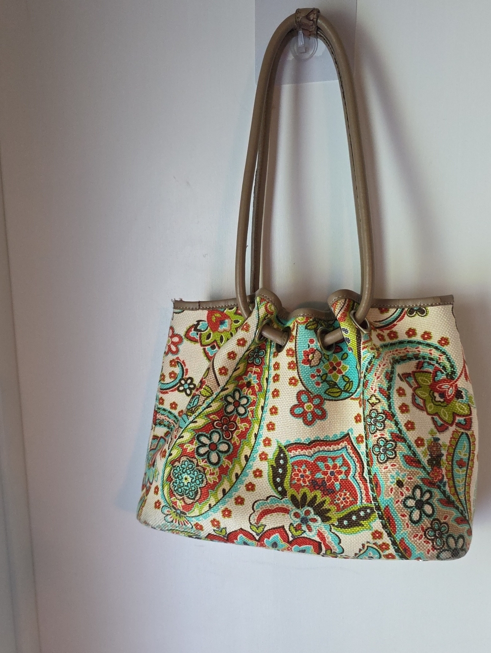 Vintage Spartina Linen Paisley Tote Bag with Taupe Handles